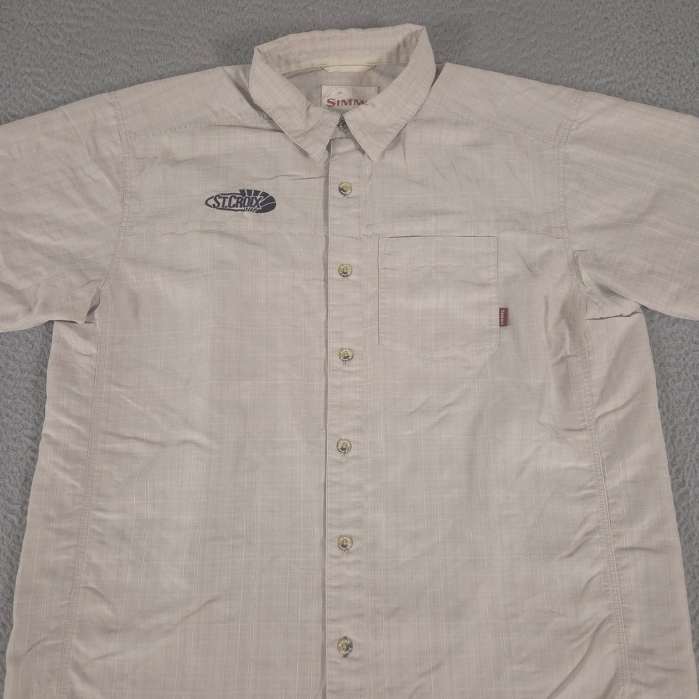 Simms Shirt Mens Large‎ Tan St. Croix Logo Modal Blend Grid Fishing Short Sleeve